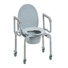 Load image into Gallery viewer, Steel Drop-Arm Commode with Wheels and Padded Armrests