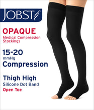 Load image into Gallery viewer, JOBST Opaque Compression Stockings 15-20 mmHg Thigh High, with Silicone Dot Band, Open Toe, Classic Black, X-Large