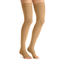 Load image into Gallery viewer, JOBST Opaque Compression Stockings 15-20 mmHg Thigh High, with Silicone Dot Band, Open Toe, Honey, X-Large