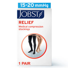Load image into Gallery viewer, JOBST Relief Compression Stockings 15-20 mmHg Thigh High, with Silicone Dot Band, Open Toe, Black, X-Large Petite