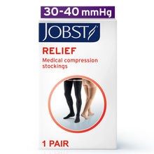 Load image into Gallery viewer, JOBST Relief Compression Stockings 30-40 mmHg Thigh High, with Silicone Dot Band, Open Toe, Black, X-Large Petite
