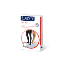 Load image into Gallery viewer, JOBST Relief Compression Stockings 30-40 mmHg Thigh High, with Silicone Dot Band, Open Toe, Black, X-Large Petite

