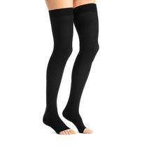 Load image into Gallery viewer, JOBST Opaque Compression Stockings 15-20 mmHg Thigh High, with Silicone Dot Band, Open Toe, Classic Black, X-Large
